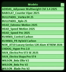 Palas contenidas en el Dataset, "Mejores palas Híbridas".